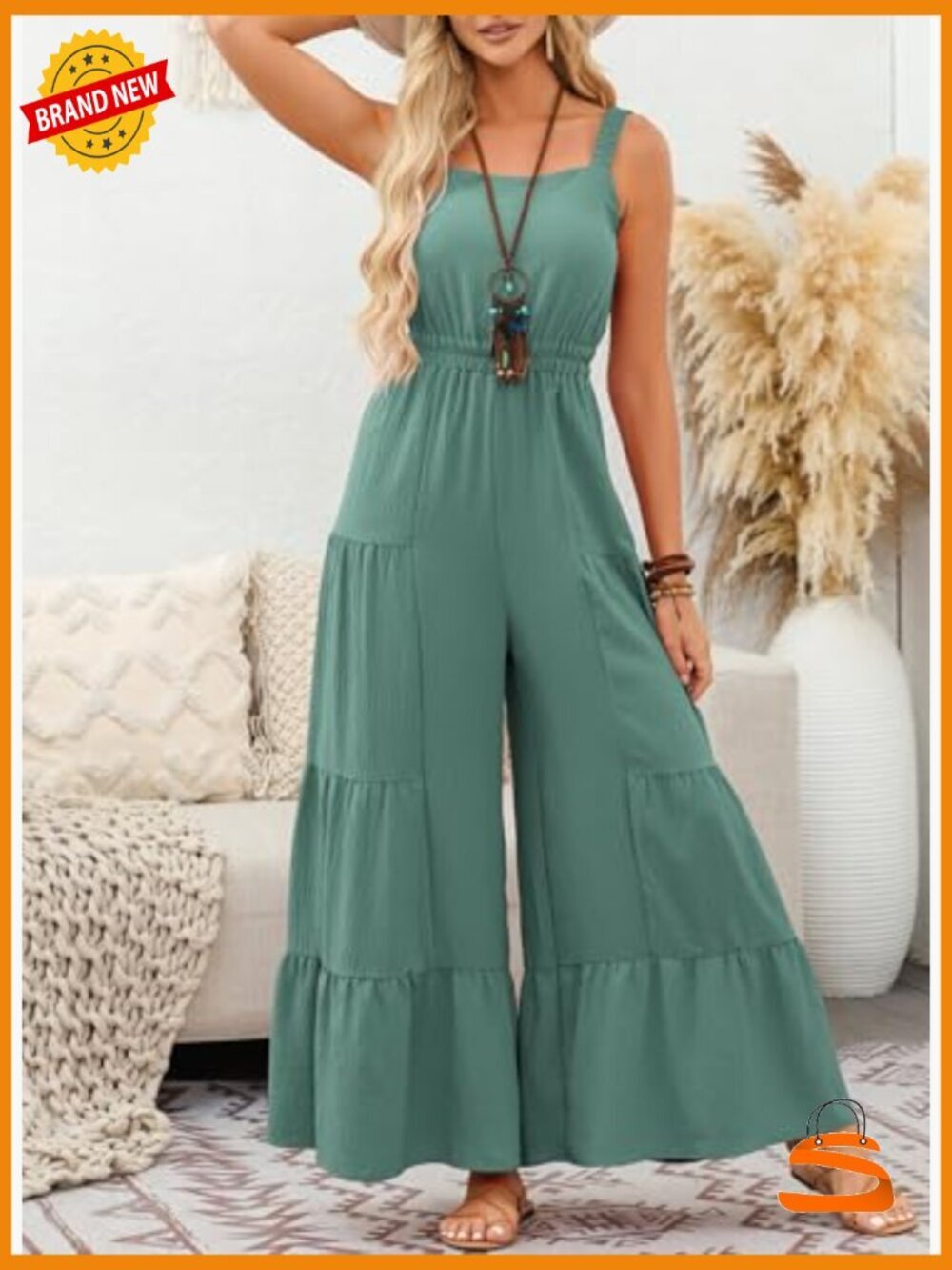 Sleeveless Ruffle Wide Leg Jumpsuit Flowy Romper Summer Casual Loose Fit - Picture 3 of 7